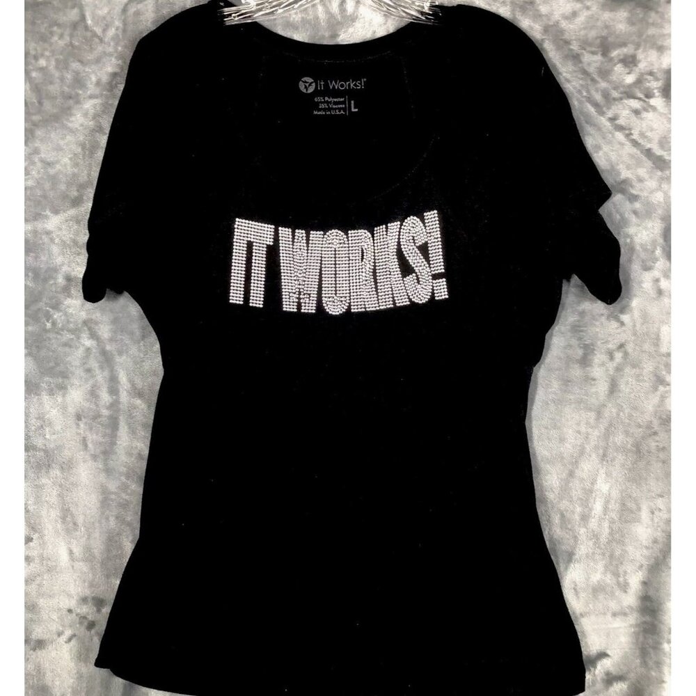 It Works Bling Women's T Shirt Black Studded Silver It Works Size L Shirt
